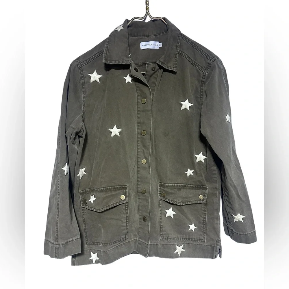 Sincerely Jules Military Vintage Look Distressed Snap Front Jacket Shirt XS - Picture 5 of 13